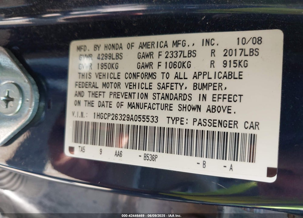 2009 HONDA ACCORD 2.4 LX VIN: 1HGCP26329A055533