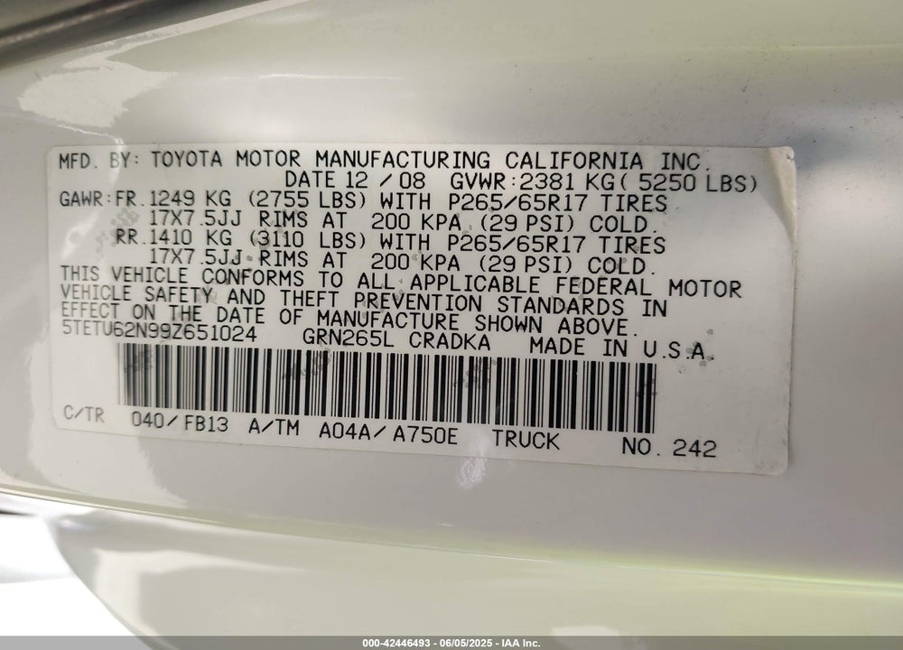 2009 TOYOTA TACOMA VIN: 5TETU62N99Z651024