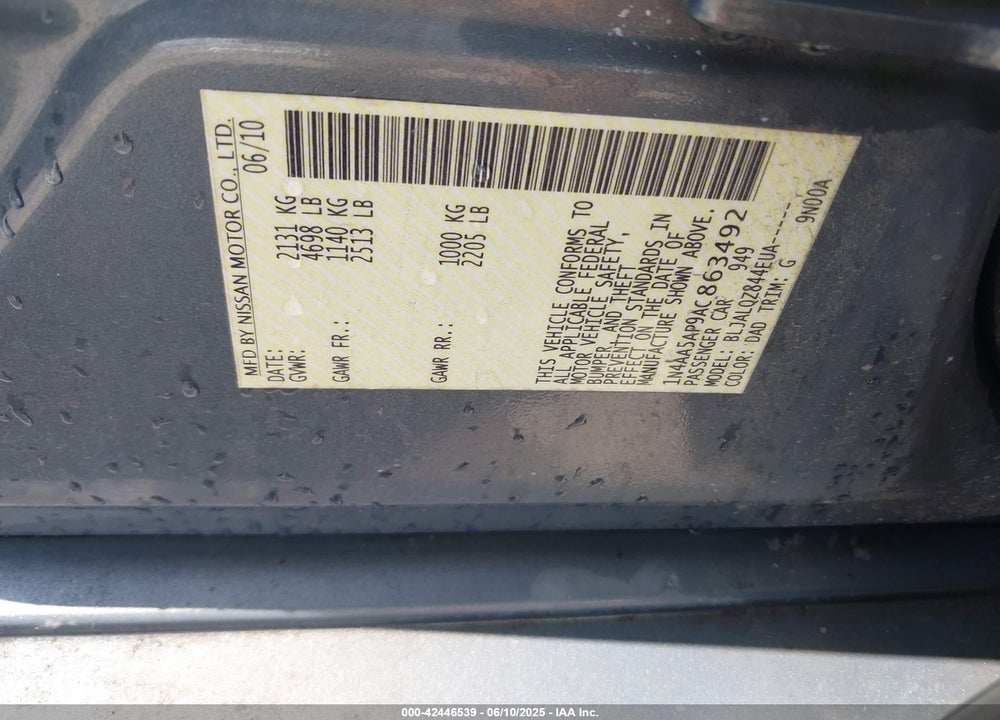 2010 NISSAN MAXIMA 3.5 S VIN: 1N4AA5AP9AC863492