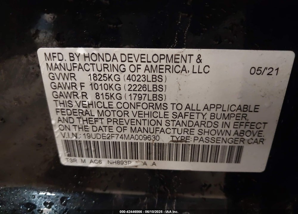 2021 ACURA ILX VIN: 19UDE2F74MA009630