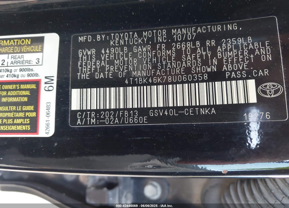 2008 TOYOTA CAMRY VIN: 4T1BK46K78U060358