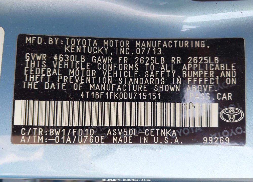 2013 TOYOTA CAMRY LE VIN: 4T1BF1FK0DU715151