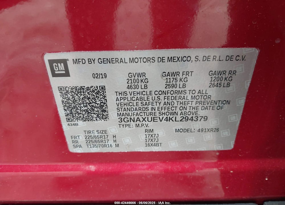 2019 CHEVROLET EQUINOX VIN: 3GNAXUEV4KL294379