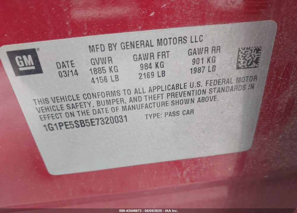 2014 CHEVROLET CRUZE VIN: 1G1PE5SB5E7320031