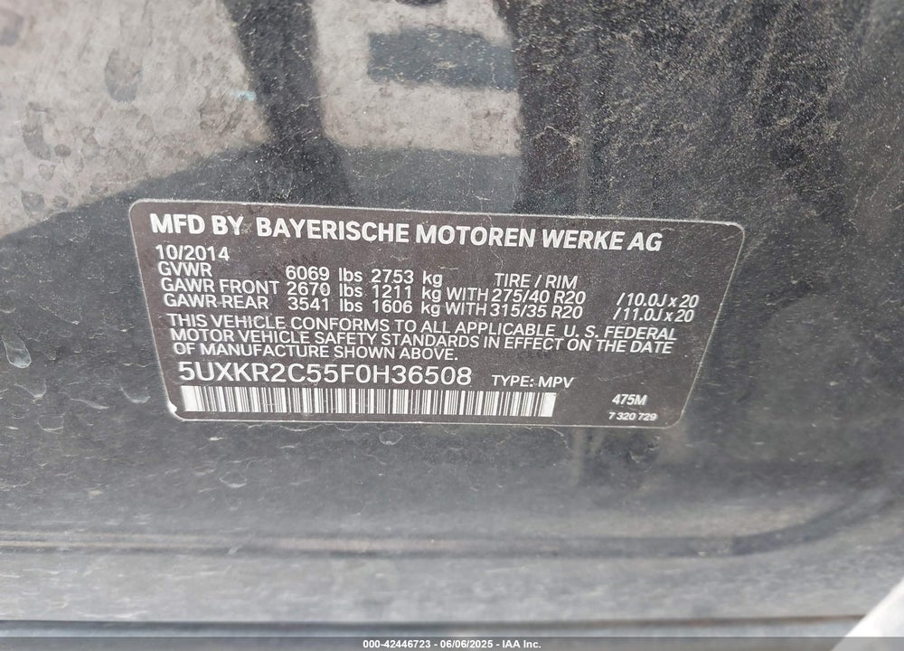 2015 BMW X5 VIN: 5UXKR2C55F0H36508