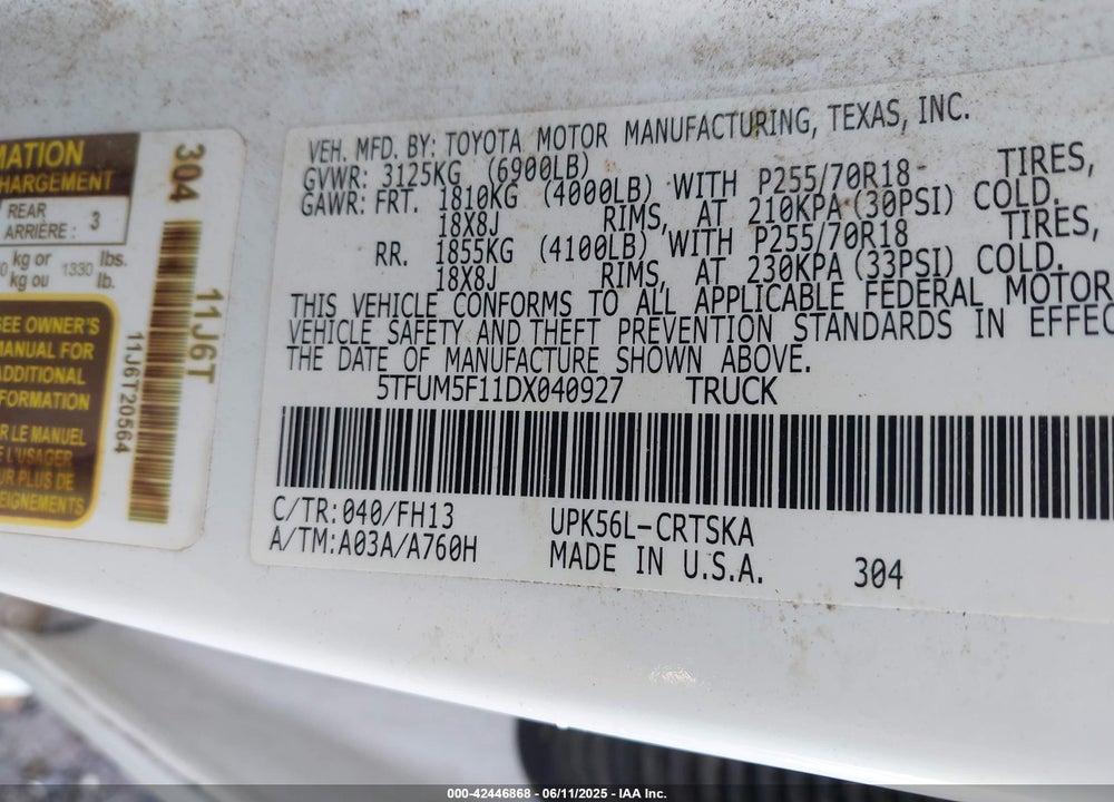 2013 TOYOTA TUNDRA VIN: 5TFUM5F11DX040927