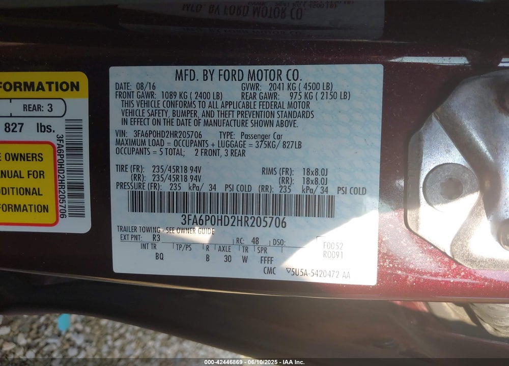 2017 FORD FUSION VIN: 3FA6P0HD2HR205706
