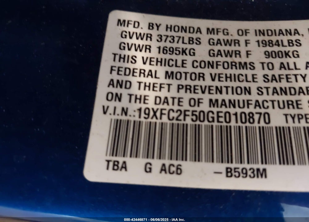 2016 HONDA CIVIC LX VIN: 19XFC2F50GE010870
