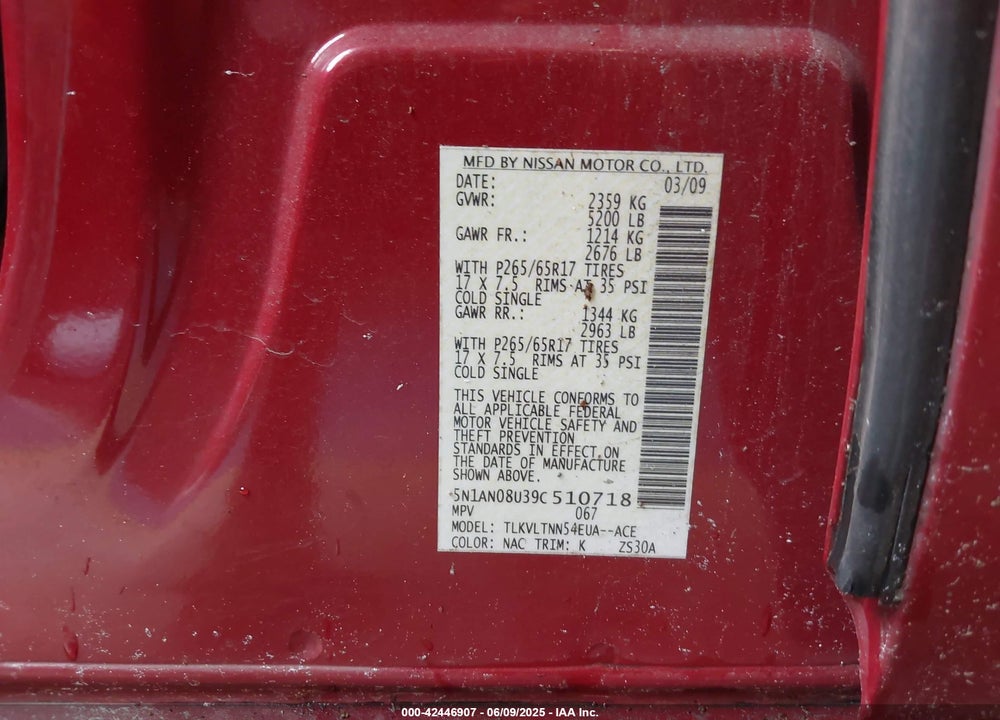2009 NISSAN XTERRA SE VIN: 5N1AN08U39C510718