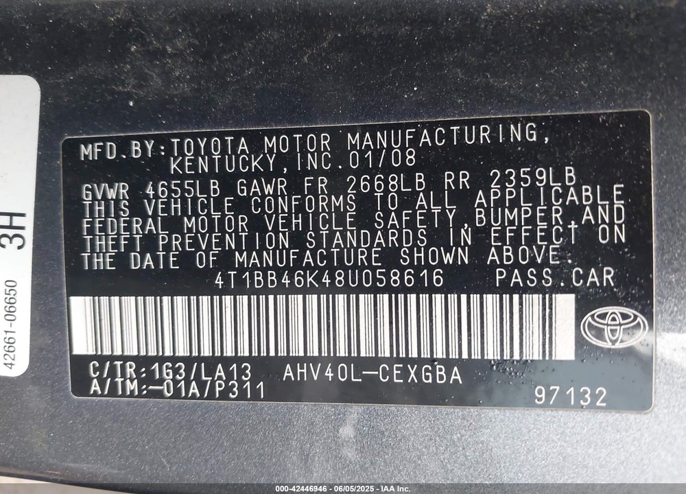 2008 TOYOTA CAMRY HYBRID VIN: 4T1BB46K48U058616
