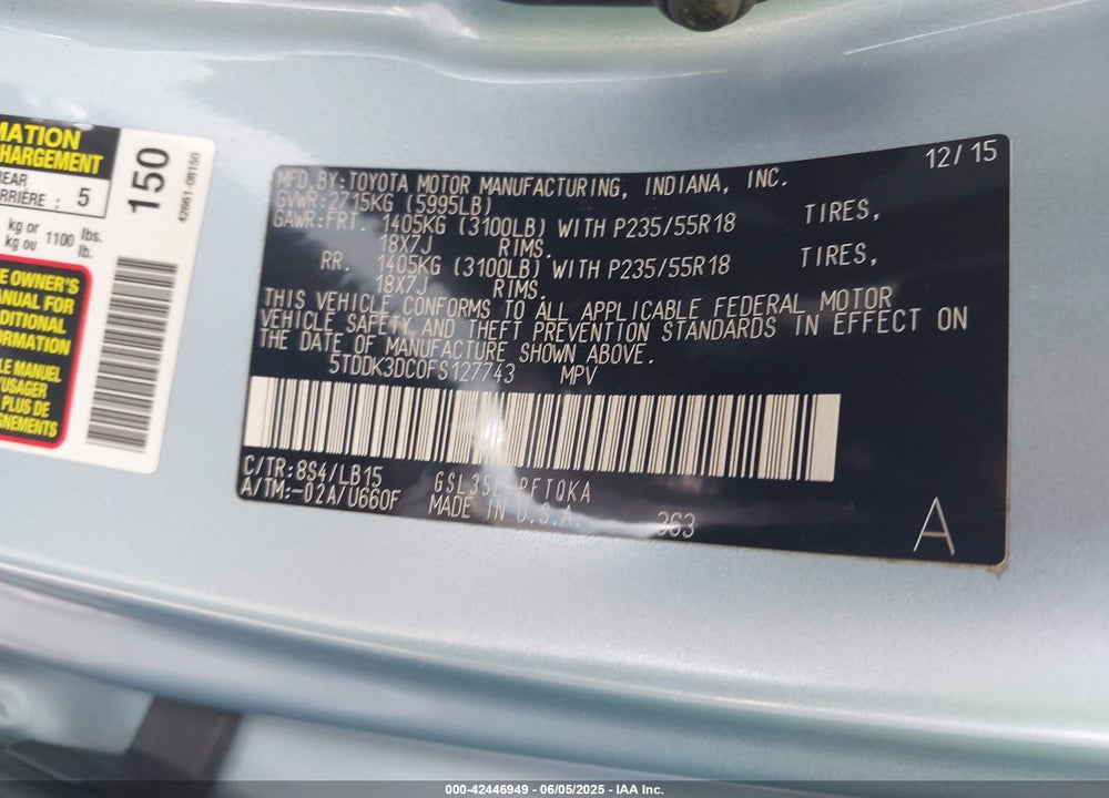 2015 TOYOTA SIENNA LIMITED PREMIUM 7 PASSENGER VIN: 5TDDK3DC0FS127743