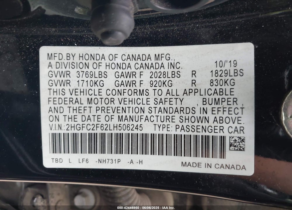 2020 HONDA CIVIC LX VIN: 2HGFC2F62LH506245