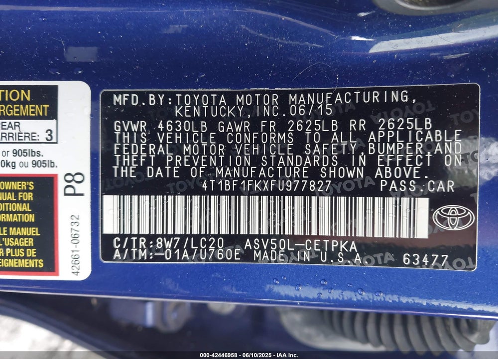 2015 TOYOTA CAMRY XSE VIN: 4T1BF1FKXFU977827