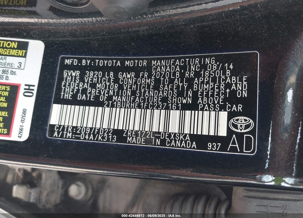 2015 TOYOTA COROLLA VIN: 2T1BURHE1FC237161