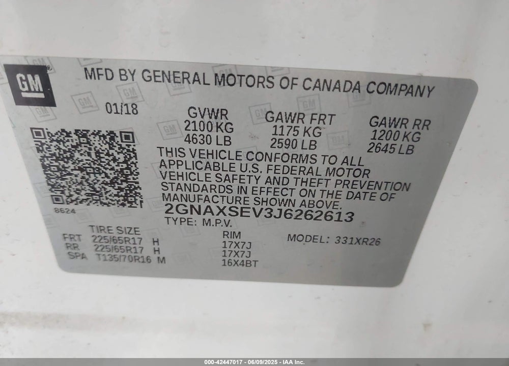 2018 CHEVROLET EQUINOX VIN: 2GNAXSEV3J6262613