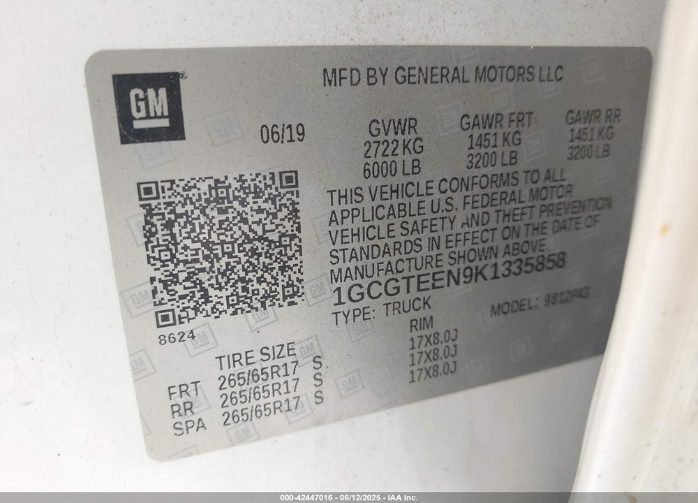 2019 CHEVROLET COLORADO ZR2 VIN: 1GCGTEEN9K1335858