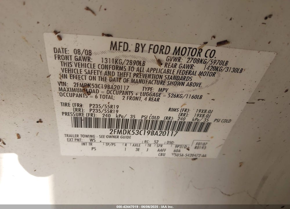2009 FORD FLEX VIN: 2FMDK53C19BA20117