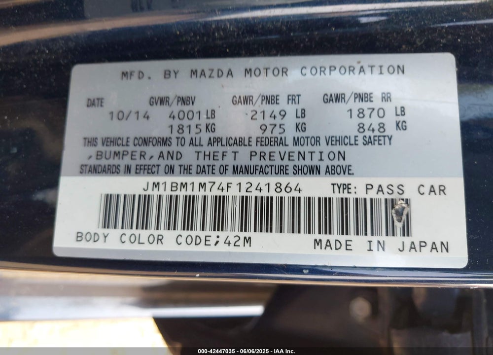 2015 MAZDA 3 I GRAND TOURING VIN: JM1BM1M74F1241864