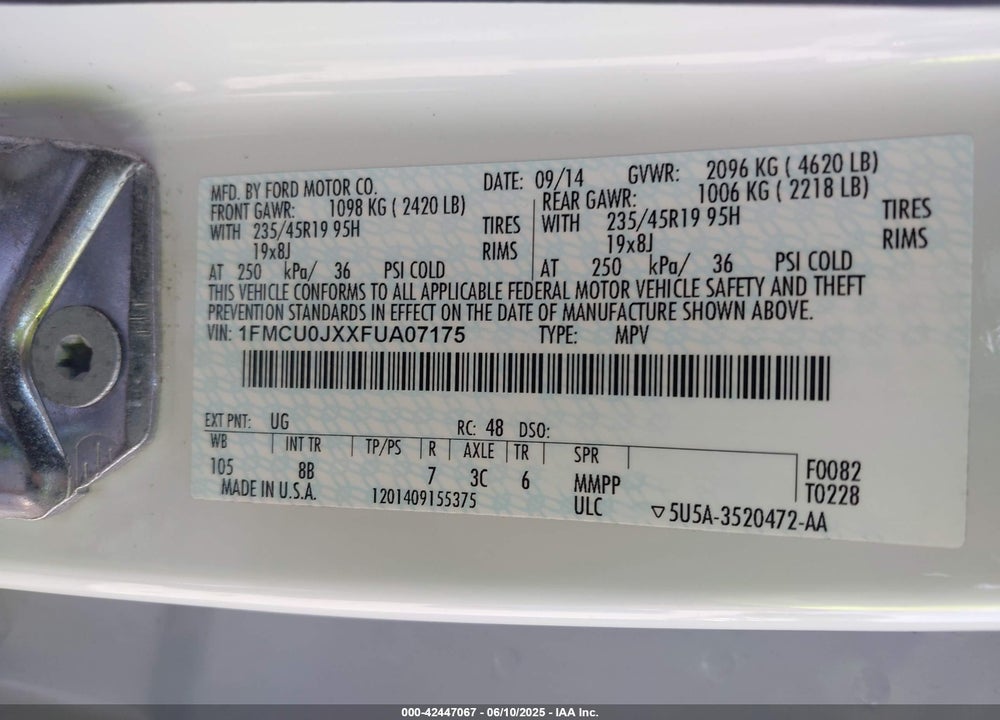 2015 FORD ESCAPE VIN: 1FMCU0JXXFUA07175