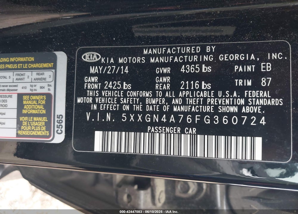 2015 KIA OPTIMA EX VIN: 5XXGN4A76FG360724