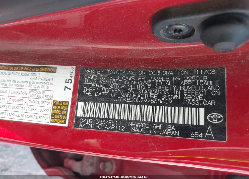 2009 TOYOTA PRIUS VIN: JTDKB20U797868809