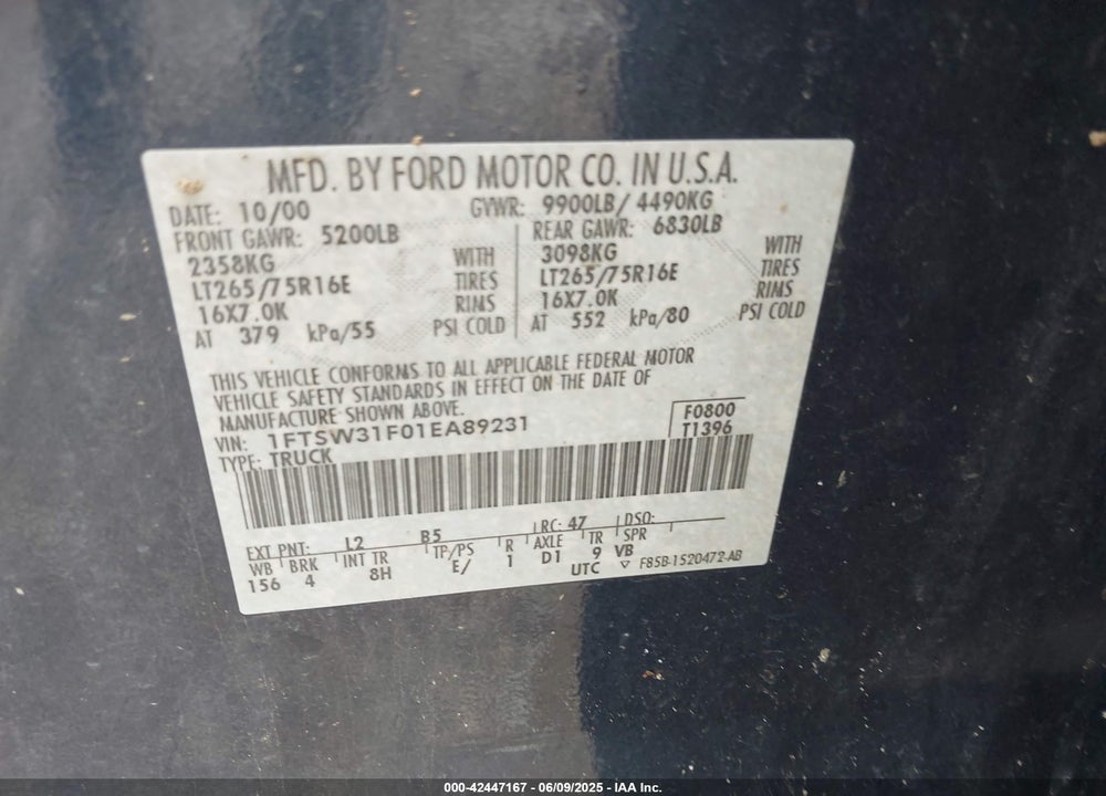 2001 FORD F-350 LARIAT/XL/XLT VIN: 1FTSW31F01EA89231