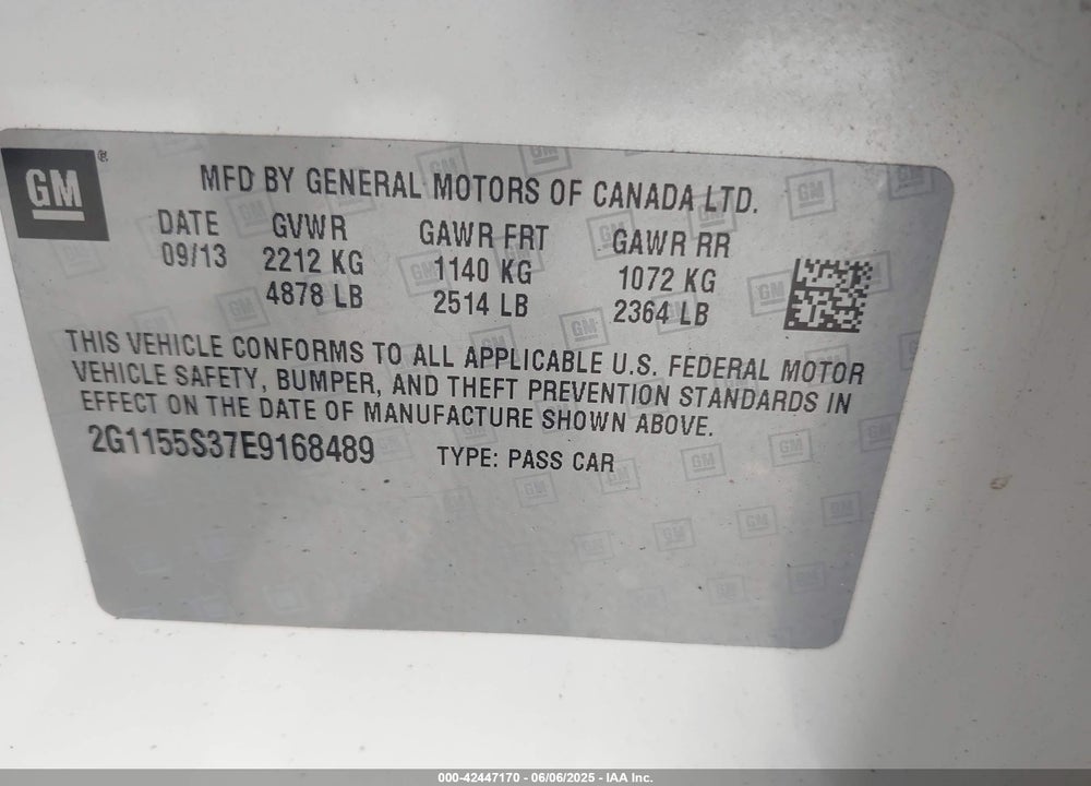 2014 CHEVROLET IMPALA 2LZ VIN: 2G1155S37E9168489