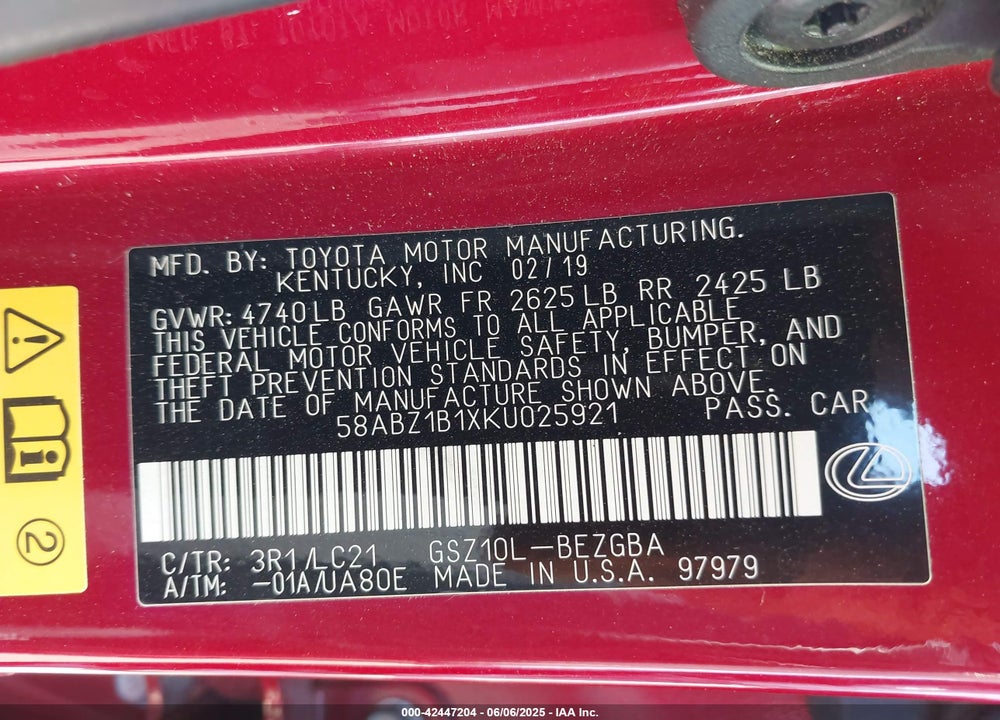 2019 LEXUS ES VIN: 58ABZ1B1XKU025921