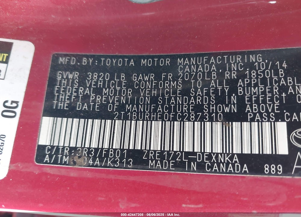 2015 TOYOTA COROLLA VIN: 2T1BURHE0FC287310