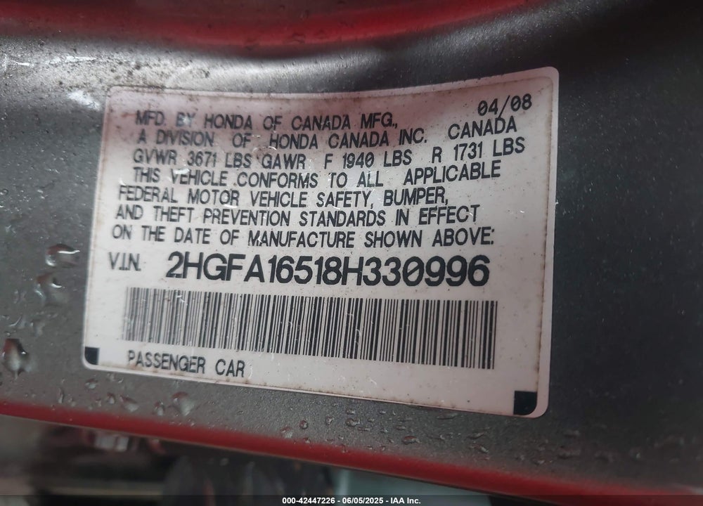 2008 HONDA CIVIC VIN: 2HGFA16518H330996