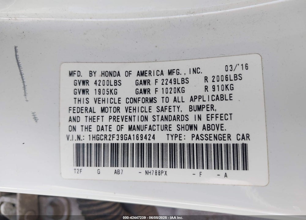 2016 HONDA ACCORD LX VIN: 1HGCR2F39GA169424