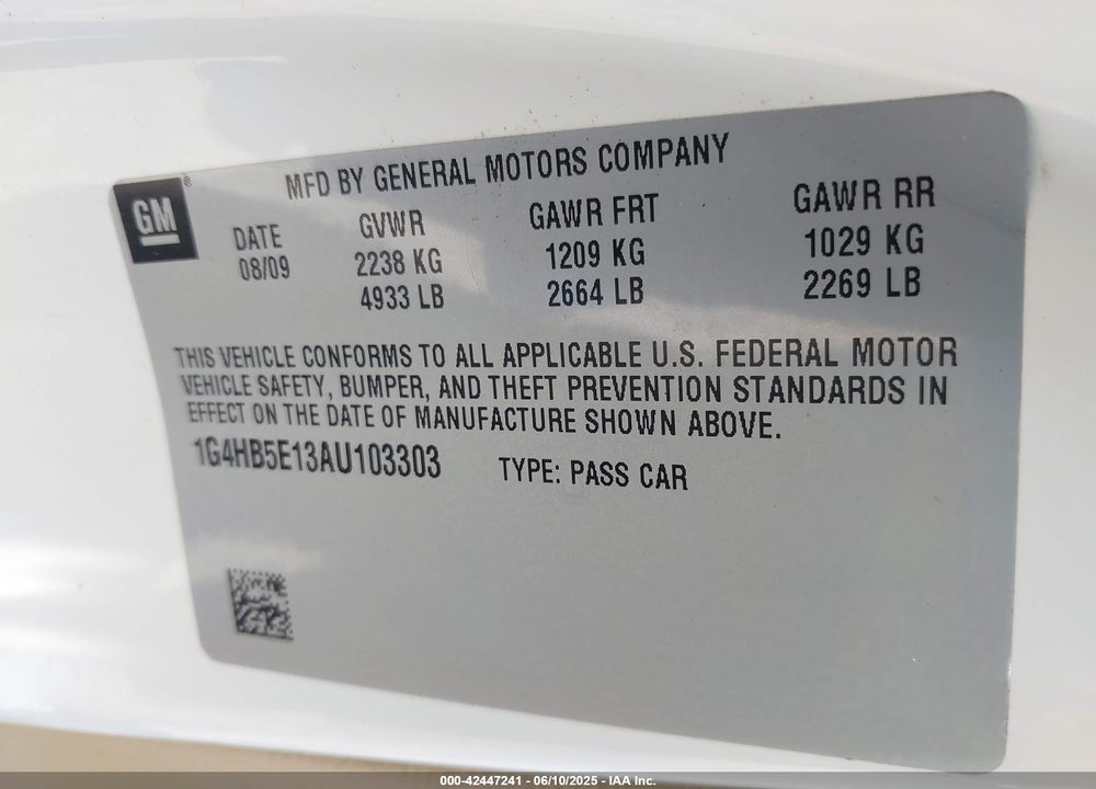 2010 BUICK LUCERNE VIN: 1G4HB5E13AU103303