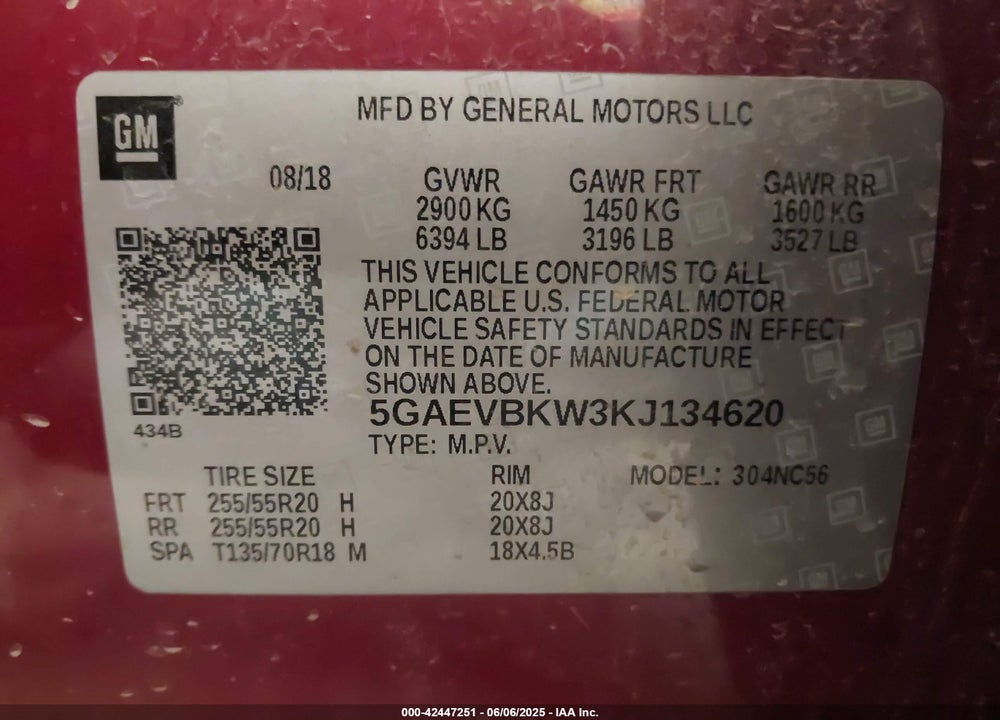 2019 BUICK ENCLAVE VIN: 5GAEVBKW3KJ134620