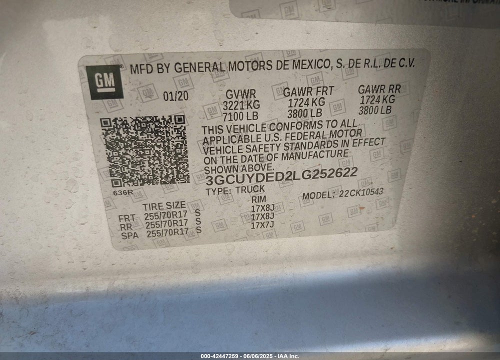 2020 CHEVROLET SILVERADO 1500 VIN: 3GCUYDED2LG252622