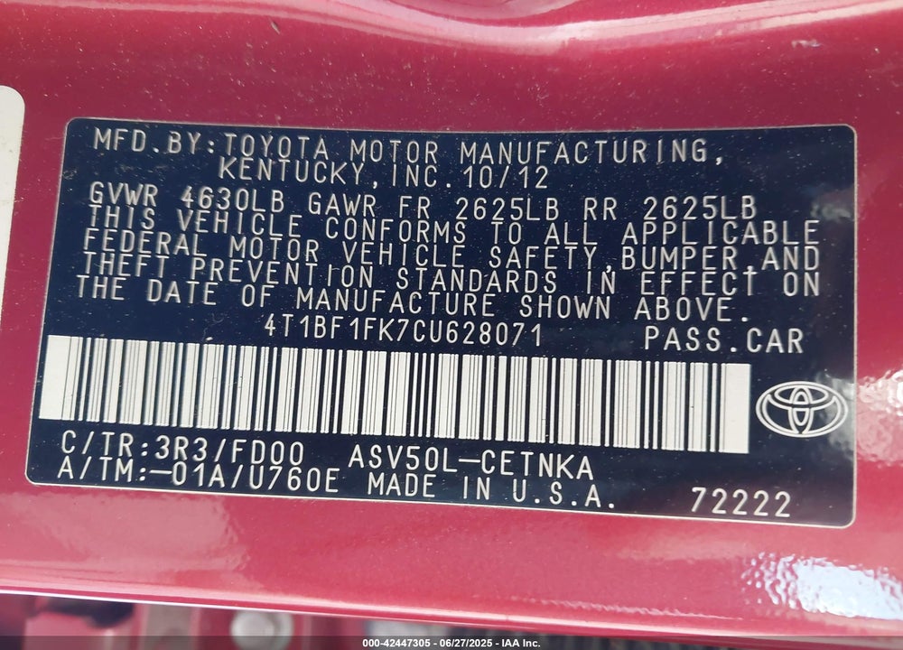 2012 TOYOTA CAMRY LE VIN: 4T1BF1FK7CU628071