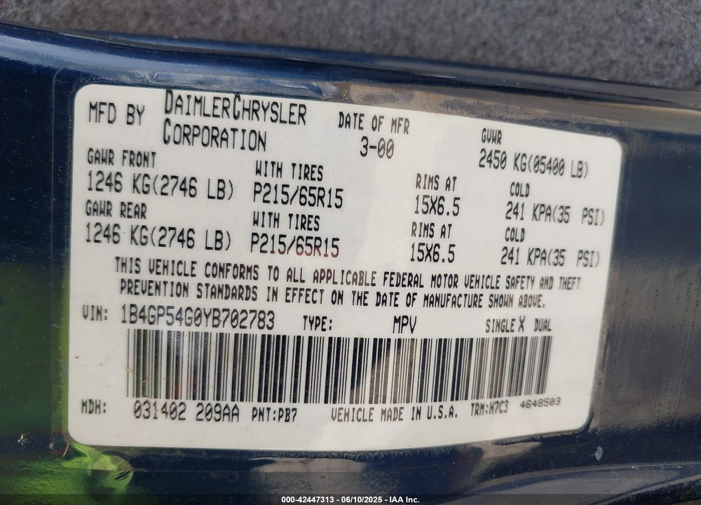 2000 DODGE GRAND CARAVAN LE VIN: 1B4GP54G0YB702783