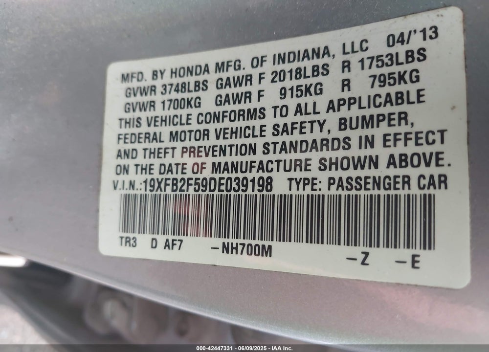 2013 HONDA CIVIC VIN: 19XFB2F59DE039198