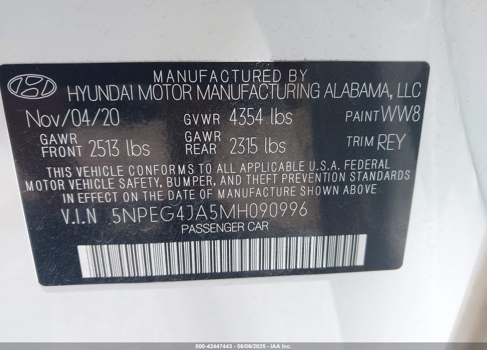 2021 HYUNDAI SONATA SE VIN: 5NPEG4JA5MH090996