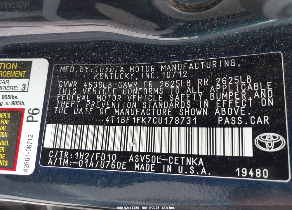2012 TOYOTA CAMRY VIN: 4T1BF1FK7CU178731