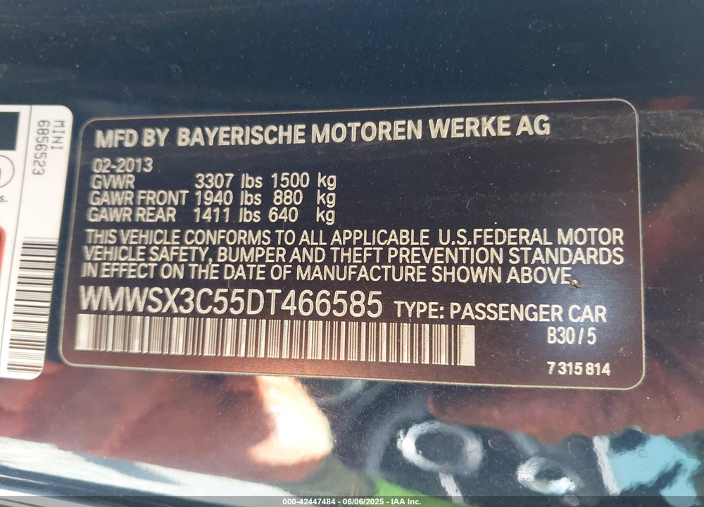 2013 MINI COUPE VIN: WMWSX3C55DT466585