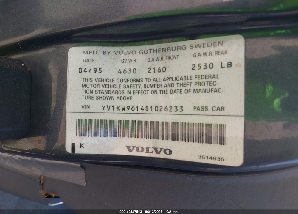 1995 VOLVO 960 VIN: YV1KW9614S1026233