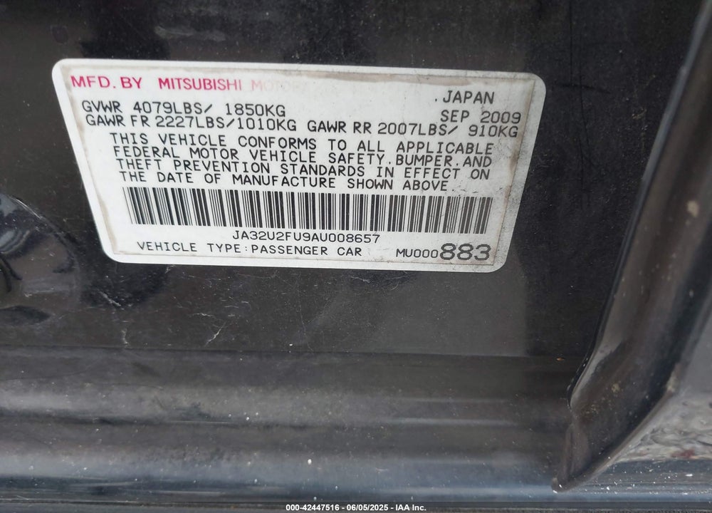 2010 MITSUBISHI LANCER VIN: JA32U2FU9AU008657