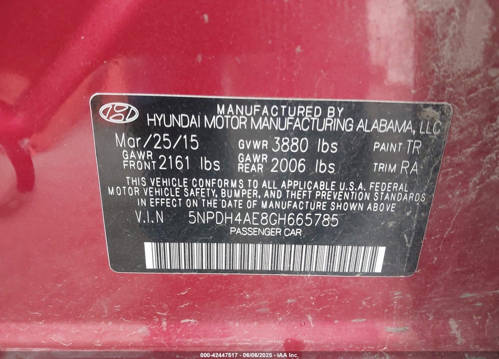 2016 HYUNDAI ELANTRA SE VIN: 5NPDH4AE8GH665785
