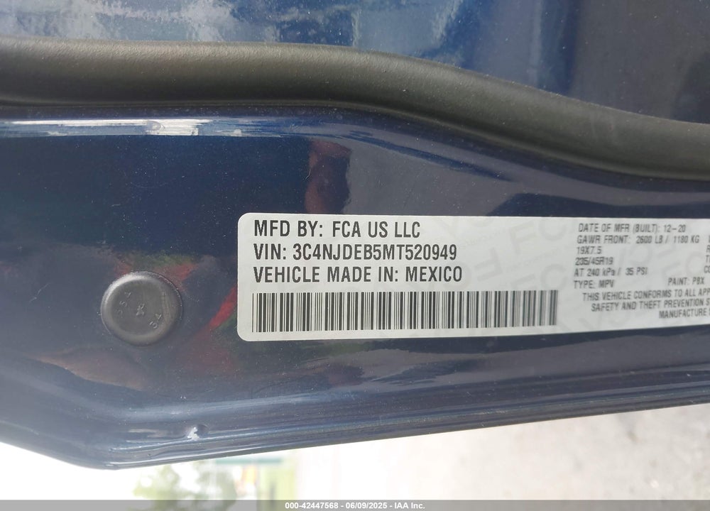 2021 JEEP COMPASS VIN: 3C4NJDEB5MT520949