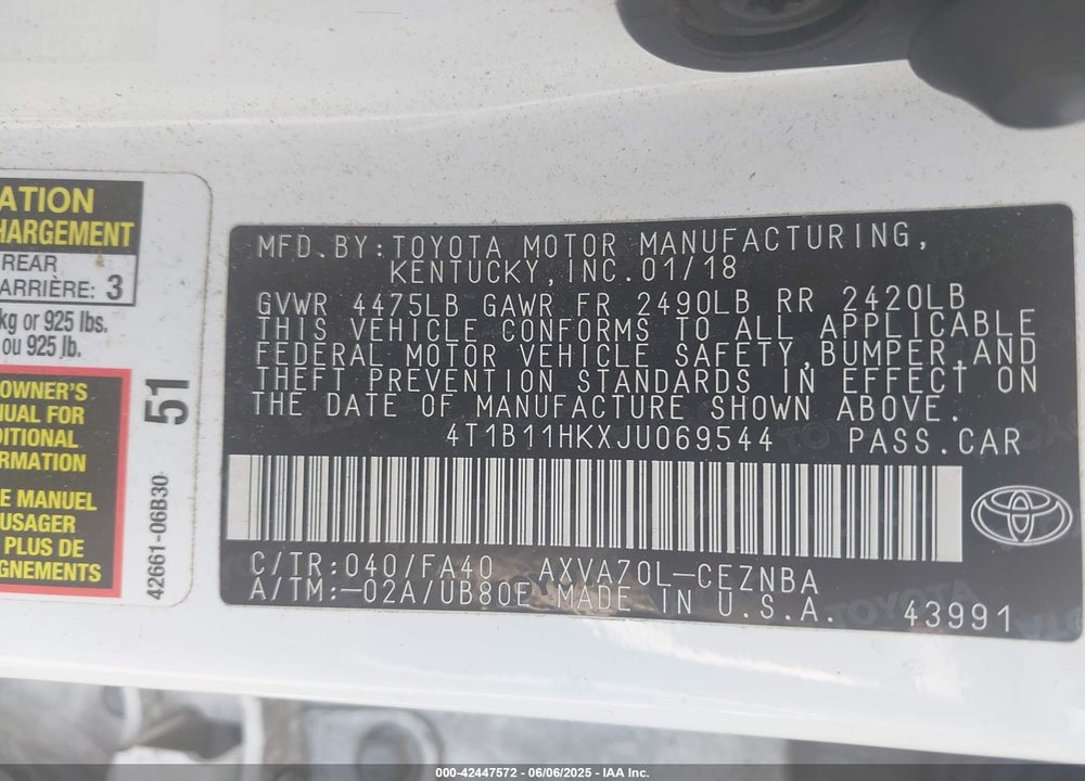 2018 TOYOTA CAMRY VIN: 4T1B11HKXJU069544