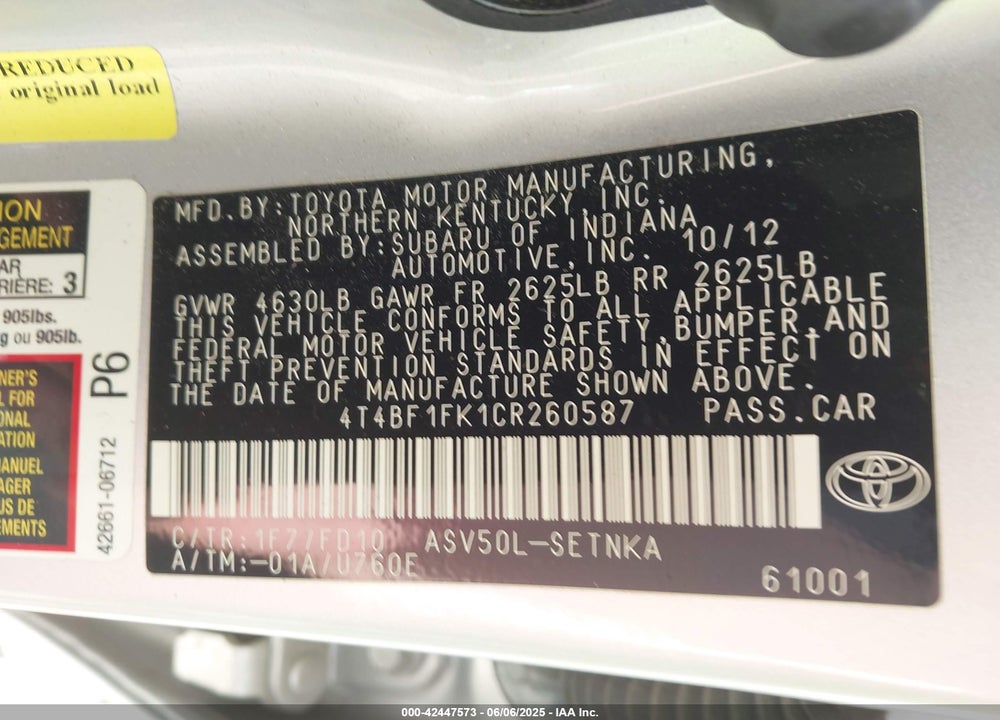 2012 TOYOTA CAMRY VIN: 4T4BF1FK1CR260587