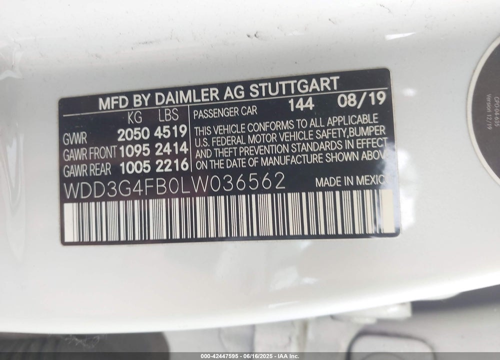 2020 MERCEDES-BENZ A 220 4MATIC VIN: WDD3G4FB0LW036562