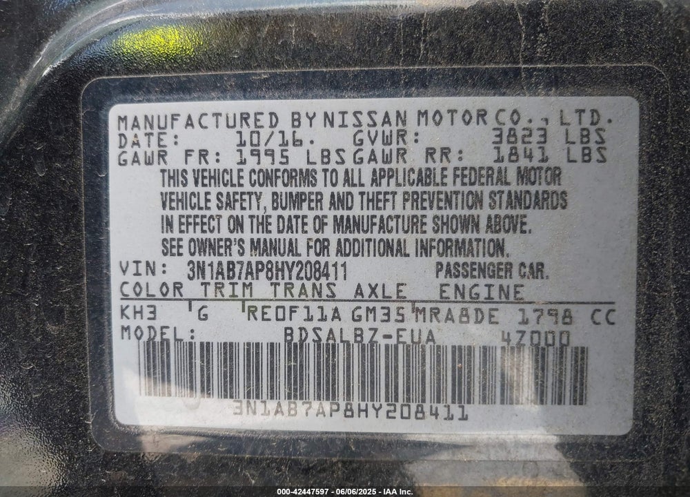 2017 NISSAN SENTRA VIN: 3N1AB7AP8HY208411