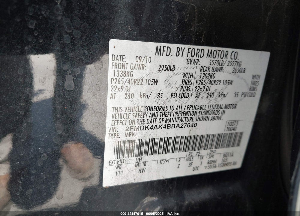 2011 FORD EDGE SPORT VIN: 2FMDK4AK4BBA27640