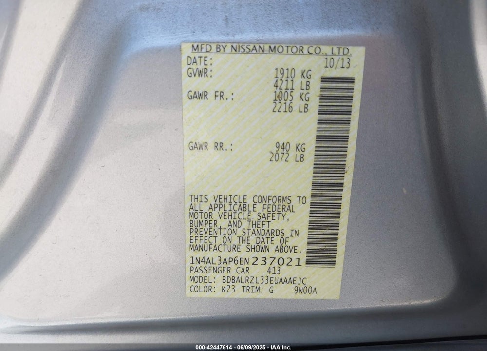 2014 NISSAN ALTIMA VIN: 1N4AL3AP6EN237021